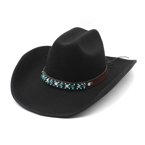 Western Cowboy Hat Felt Wide Brim With Ethnic Beaded Leather Band Retro Jazz Cap Fedora For Men Women