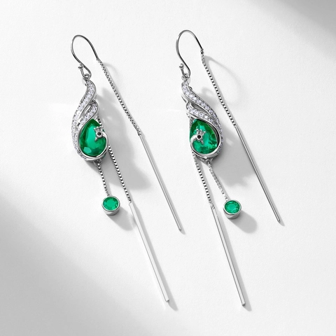 925 Sterlingsilber Pfau Synthetischer Smaragd Ohrhänger Mit Zirkonia Lange Quaste Ohrdraht Luxus Schmuck Geschenk