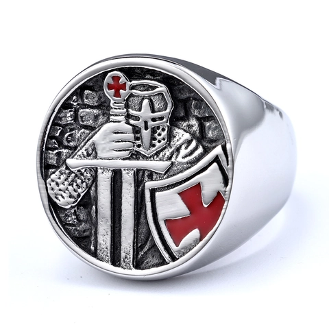 Anillo De Sello De Caballero Templario Para Hombre Acero Inoxidable Esmalte Rojo Cruz Cruzado Vintage Oxidado Punk