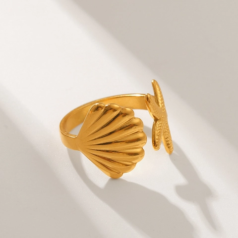 Bagues Ouvertes En Acier Inoxydable Pour Femmes Thème Océan Étoile De Mer Coquille Plaquées Or Bijoux Réglables