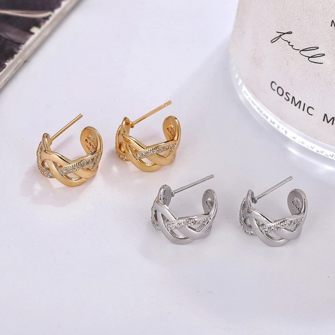 Minimalistische Koperen C-Vorm Ring Oorbellen Gedraaid Kruis Ontwerp Strass Ingelegd Goud Zilver Verguld Geometrische Sieraden Voor Vrouwen Cadeau