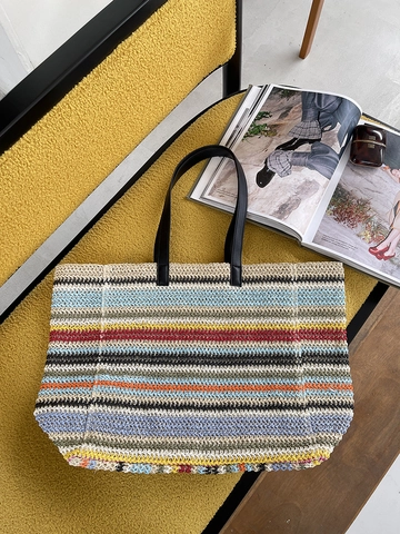 Sac Fourre-Tout Tissé En Paille À Rayures Grande Capacité Arc-En-Ciel Coloré Sac À Main De Plage Été Épaule Femme