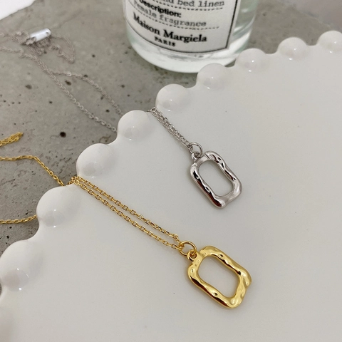Irregular Rectangle Pendant Necklace 925 Sterling Silver Hammered Texture Minimalist Fashion Jewelry For Women