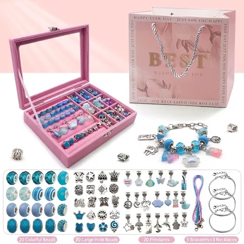 Kit de Fabrication de Bijoux DIY pour Enfants Perles Breloques Bracelets Colliers Avec Boîte à Bijoux Rose et Sac Cadeau