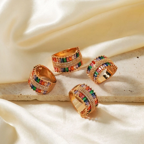 Anello in Rame Placcato Oro Vintage per Donna con Strass Colorati Baguette Fascia Larga Gioielli per Anelli da Dito