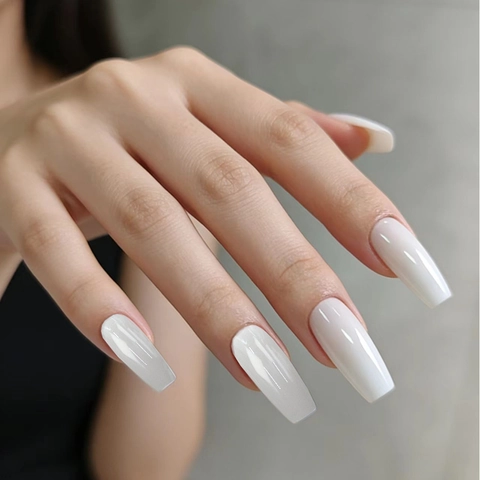 Coffin Shape Press On Nails Long Glossy Minimalist Solid Color Artificial False Nails For Women