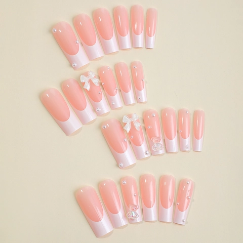 Unghie Finte Press On Coffin Extra Lunghe French Tip Fiocco In Resina 3D Orso Aurora Perla Artificiale Manicure Per Donne