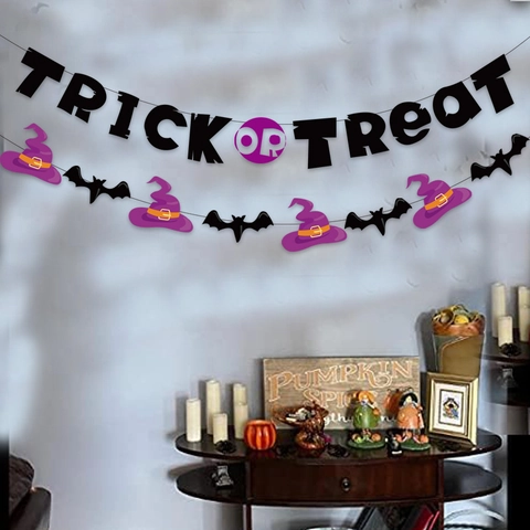 Halloween Party Decorations Trick Or Treat Banner Purple Black Cardboard Cake Toppers Balloons Witch Hat Bat Theme