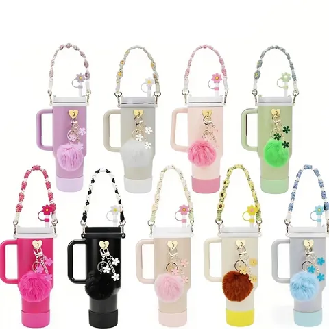 Water Bottle Accessories Silicone Boot Straw Cover Woven Strap Pom Pom Flower Heart Charms For Large Tumbler Cup Decor