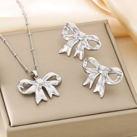 Collana E Orecchini Con Fiocco Vuoto Acciaio Inossidabile Nicchia Minimalista Elegante Dolce Gioielli Per Donna