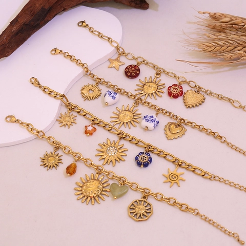 Bracciale Con Ciondolo A Forma Di Sole Acciaio Inossidabile Placcato Oro Cuore Celeste Stella Pendenti Fiori Gioielli Bohemian Vintage Per Donna
