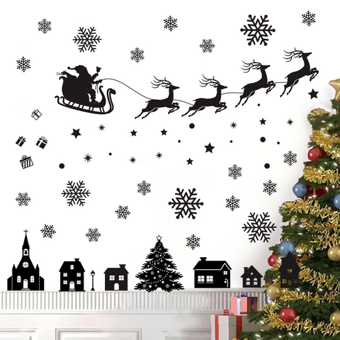 Pegatinas de Pared de Feliz Navidad Silueta Negra Papá Noel Reno Copos de Nieve PVC Impermeable Calcomanías de Ventana