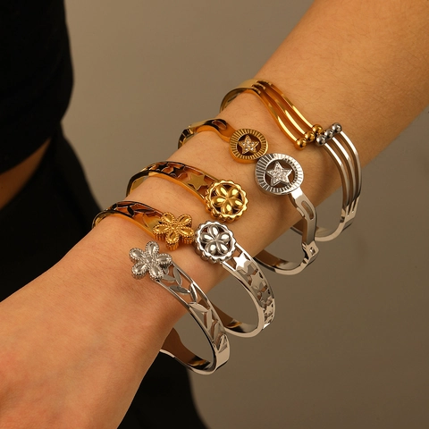 Roestvrijstalen Armring Armband Tweekleurig 18K Verguld Bloem Ster Strass Open Manchet Sieraden Voor Dames