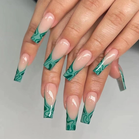 Faux Ongles Longs Cercueil Motif Ondulé Vert Pointe Française Ongles Artificiels Brillants Pour Femmes Manucure