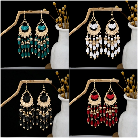 Bohemienne Quasten Ohrhänger Für Damen Ethnisch Vintage Legierung Hohle Mondscheibe Mehrlagige Perlen Lange Anhänger
