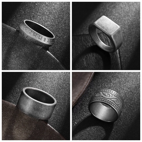 Vintage Viking Rune Ring Men Titanium Steel Antique Silver Celtic Knot Signet Band Wide Biker Jewelry