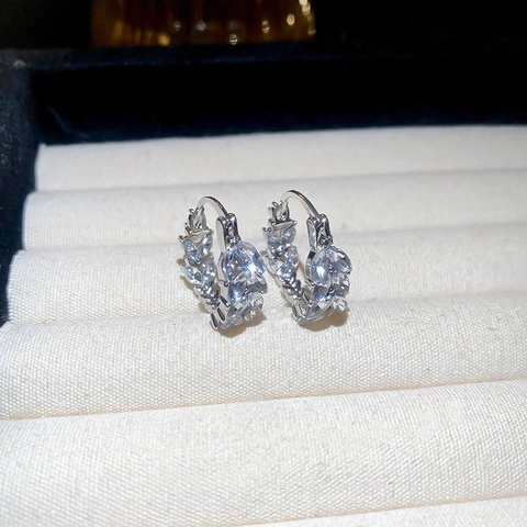 Marquise Zircon Leaf Hoop Earrings Alloy Rhinestone With Silver Earring Post Korean Fashion Elegant Jewelry For Women