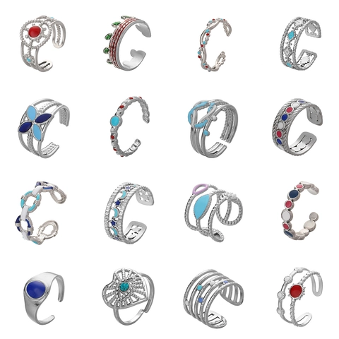 Enamel Stainless Steel Ring Sun Moon Star Heart Geometric Open Adjustable Vintage Bohemian Jewelry Women