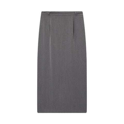 Elegant High Waist Midi Skirt Women Grey Polyester Tie Waist With Belt Side Slit Straight Fit Office Streetwear