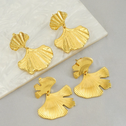 Orecchini A Pendente Foglia Di Ginkgo Eleganti Acciaio Inossidabile Placcato Oro 18 Carati