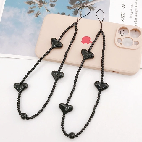 Zwart Hart Kralen Telefoon Charm Strap Celebrity Stijl Polsketting Voor Vrouwen Meisje Mobiele Telefoon Decoratie Hand Lanyard