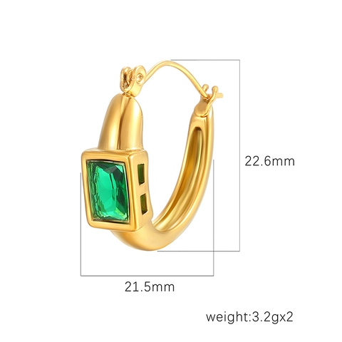 Pendientes De Aro En Forma De U Acero Inoxidable Chapado En Oro De 18K Circón Verde Cuadrado Moda Geométrica Mujer