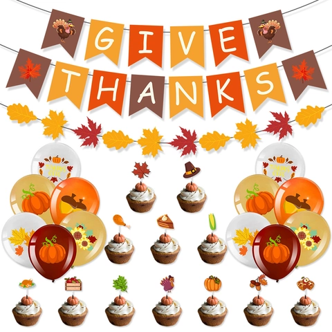 Decorazioni Per Festa Del Ringraziamento Striscione Palloncini Cake Topper Autunno Foglia Di Acero Zucca Carta Lattice