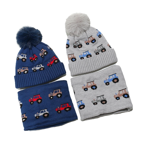 Set Cappello E Sciarpa Invernali Per Bambini Maglia Acrilica Foderata In Pile Calda Protezione Orecchie Motivo Camion Trattore Pompon Per Ragazzi