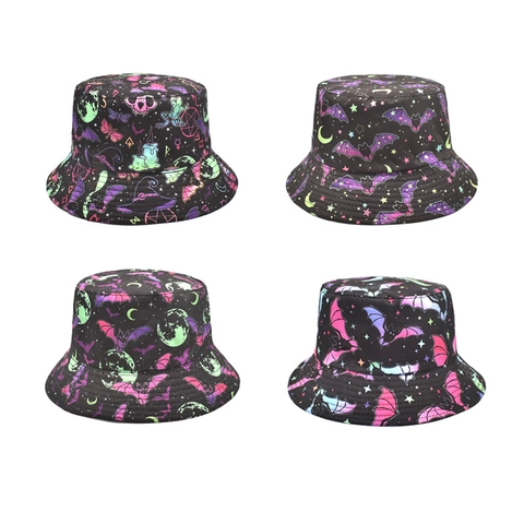 Gothische Vissershoed Polyester Vleermuis Patroon Halloween Brede Rand Zonbescherming Ademend Outdoor Zonnehoed Heren Dames