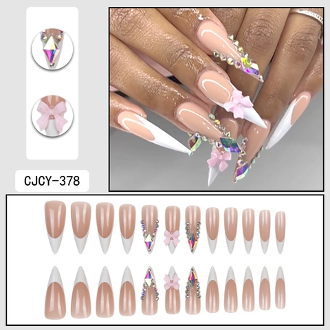 French Tip Press On Nails Long Stiletto Fake Nails With 3D Bowknot Rhinestones Elegant Artificial Fingernails For Women