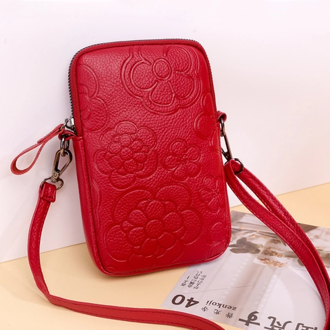 Women Crossbody Cell Phone Bag Embossed Floral PU Leather Lychee Texture Small Shoulder Pouch Zip Closure Elegant Wallet
