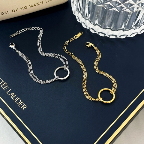 Double Layer Chain Bracelet Stainless Steel Circle Ring Pendant Minimalist Fashion Jewelry For Women Elegant Adjustable