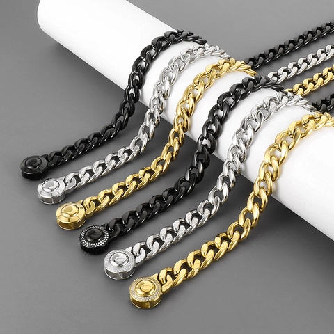 Collana Catena Cubana Uomo Acciaio Inossidabile Fibbia Rotonda Strass Hip Hop Punk Accessori Gioielli