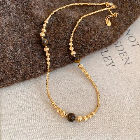 Vintage 18K Gold Plated Copper Tiger Eye Stone Beaded Necklace Retro Clavicle Chain For Women Fashion Jewelry