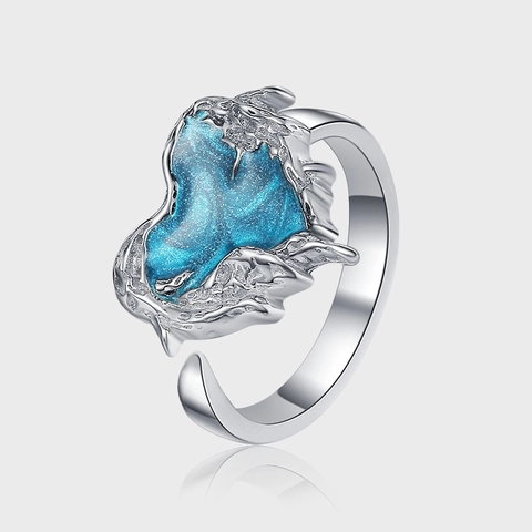 925 Sterling Silver Blue Heart Enamel Ring For Women Liquid Metal Lava Design Adjustable Open Ring Fashion Jewelry Gift