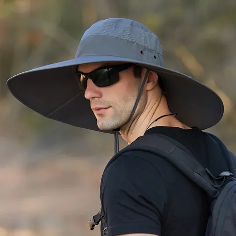 Men Wide Brim Sun Hat Waterproof Nylon Breathable Mesh Outdoor Hiking Fishing Bucket Hat Adjustable Chin Strap