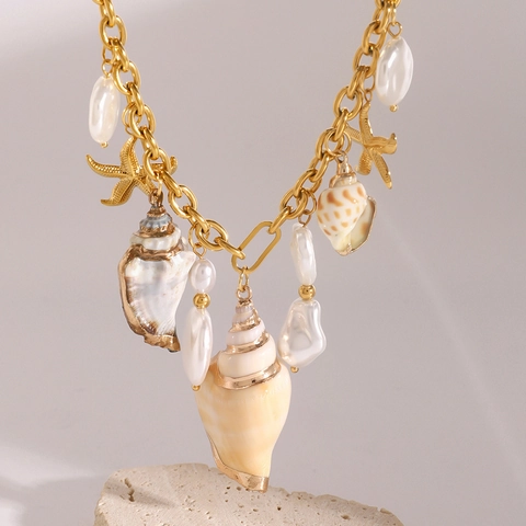 Collana Con Ciondoli Stella Marina E Conchiglia Acciaio Inossidabile Perla Artificial Barocca Gioielli Stile Marino Vacanze Donna