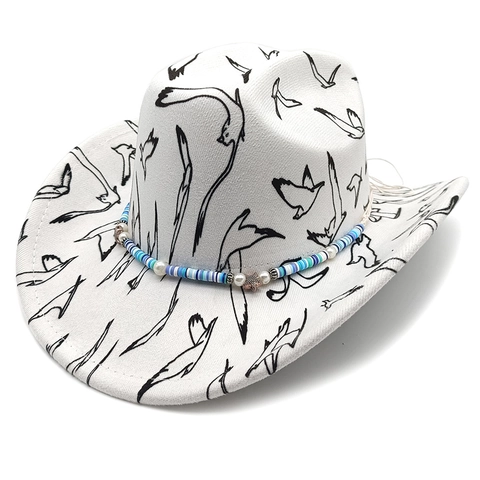 Western Cowboy Hat Polyester Felt Bird Print Wide Brim Starfish Bead Decor Band Vintage Fedora For Men Women