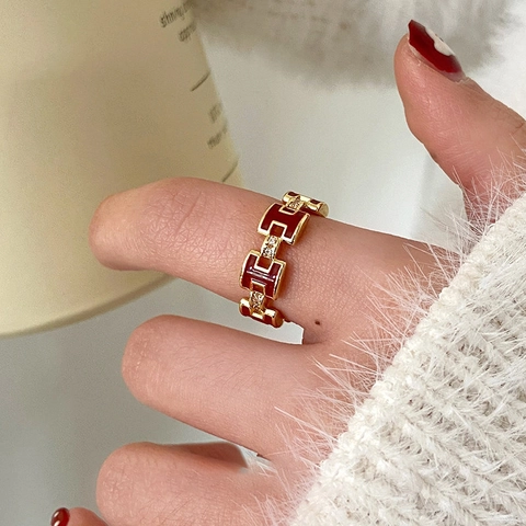 Anillo Aperto Geometrico Letra H Elegante Retrò Donna Smalto Rosso Rame Placcato Oro Lusso Zirconia Regolabile