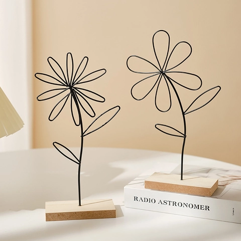 Ornamenti Di Fiori E Foglie In Linea Di Metallo Minimalista Nordico Con Base In Legno Decorazione Da Tavolo Moderna Ufficio