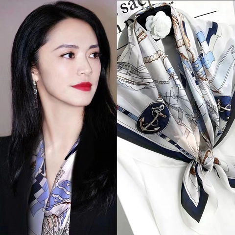 Women's Polyester Satin Square Scarf Elegant Nautical Anchor Horse Print Shawl Retro Head Neck Scarf For Office Daily Party