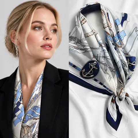 Dames Polyester Satijn Vierkante Sjaal Elegant Nautisch Anker Paard Print Sjaal Retro Hoofd Hals Sjaal Voor Kantoor Dagelijks Feest