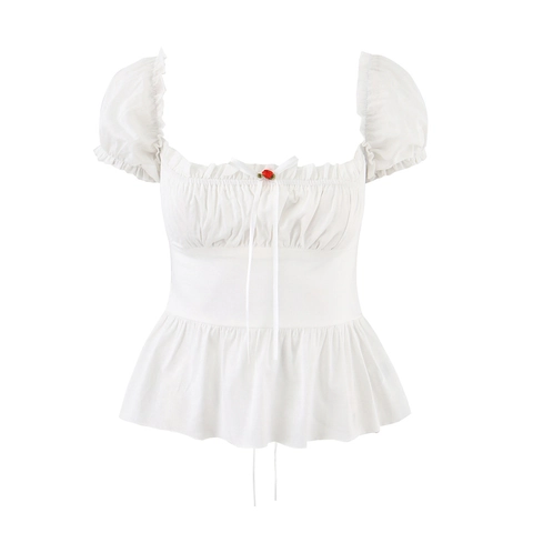 Blusa Bianca Da Donna Maniche A Sbuffo Scollo Quadrato Schiena Stringata Orlo Con Volant Ricamo Rosa Stile Milkmaid Francese