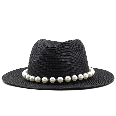 Women Straw Fedora Hat With Artificial Pearl Chain Sun Protection Breathable Beach Summer Elegant Panama Style