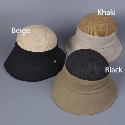 Chapeau Cloche Femme Soleil Paille Polyester Patchwork Pliable Bord Large Réglable Pendentif Feuille Métal Été Voyage