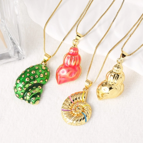 Conch Shell Pendant Necklace Copper 18K Gold Plated Enamel Sea Snail Marine Theme Minimalist Fashion Jewelry For Women
