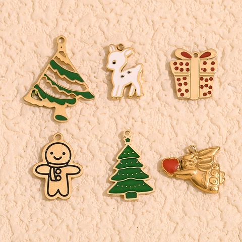 Dijes De Navidad Acero Inoxidable Chapado En Oro 14K Esmalte Alce Árbol Muñeco De Nieve DIY Fabricación De Joyas Colgantes