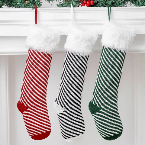 Christmas Stockings Acrylic Knitted Pinstripe Pattern With Faux Fur Cuff Large Xmas Gift Bag Holiday Hanging Decor