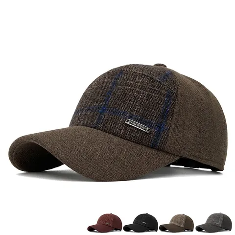Plaid Tweed Baseball Cap Mit Ohrenklappen Warm Winddicht Winter Wollmischung Schirmmütze Verstellbar Unisex