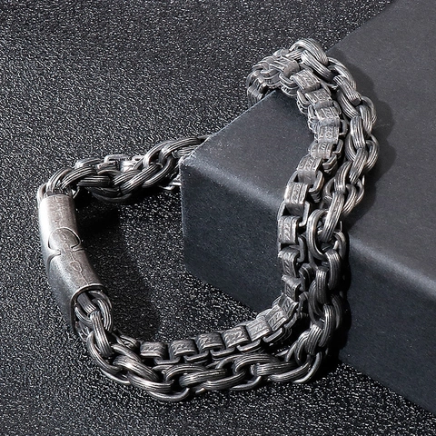 Retro Men Stainless Steel Bracelet Double Layer Box Braided Chain Industrial Punk Style Vintage Hip Hop Jewelry
